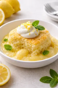 Final plated Paul Hollywood’s Favorite One-Bowl Lemon Dessert served as a hero shot