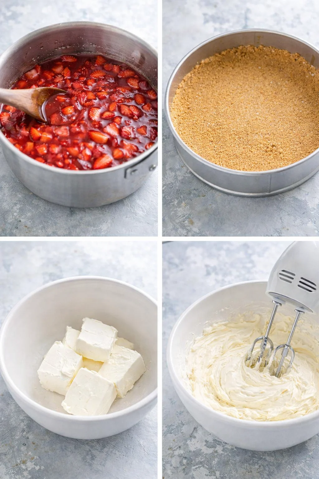 Bubbling strawberry compote in saucepan, pressed graham crust in pan, and smooth beaten cream cheese.