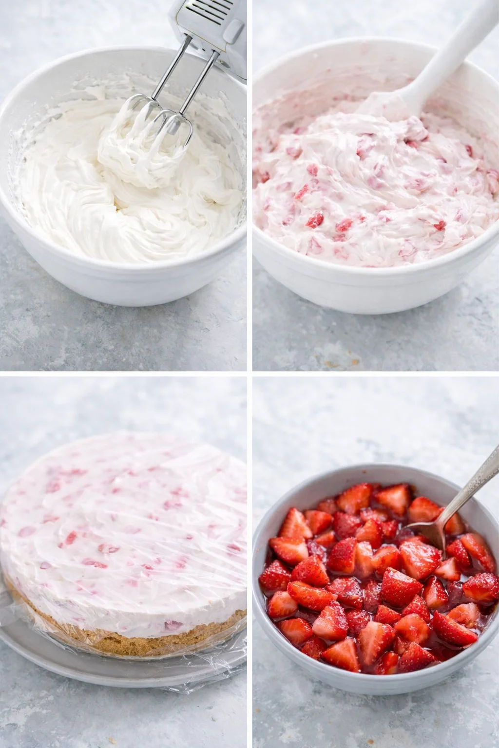 Whipped cream forming stiff peaks, folded strawberry filling poured into crust, and sugared macerated strawberries.