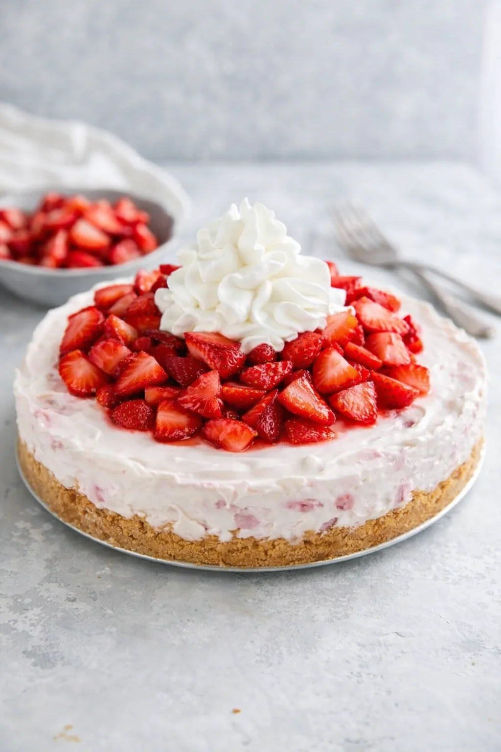 Springform rim removed, cheesecake loosened with knife, topped with sugared strawberries and whipped cream.