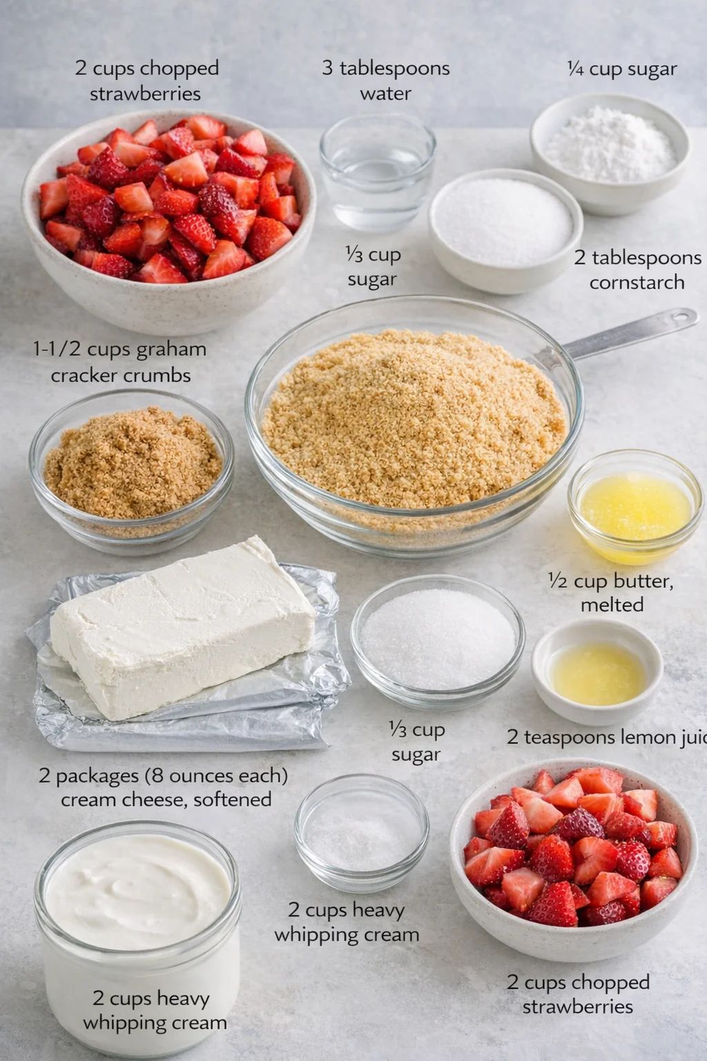 Measured ingredients arranged for No-Bake Strawberry Cheesecake: 2 cups chopped strawberries, 3 tablespoons water, ¼ cup sugar, 2 tablespoons cornstarch, 1-1/2 cups graham cracker crumbs, 1/3 cup packed brown sugar
