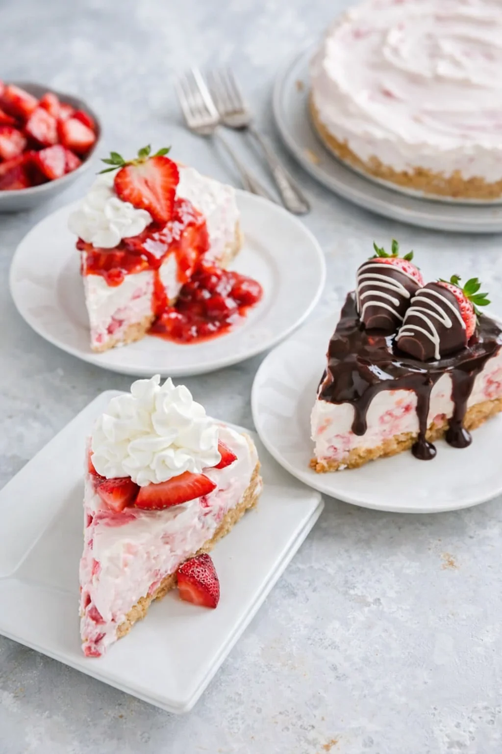 Variation ideas for No-Bake Strawberry Cheesecake shown in a styled layout
