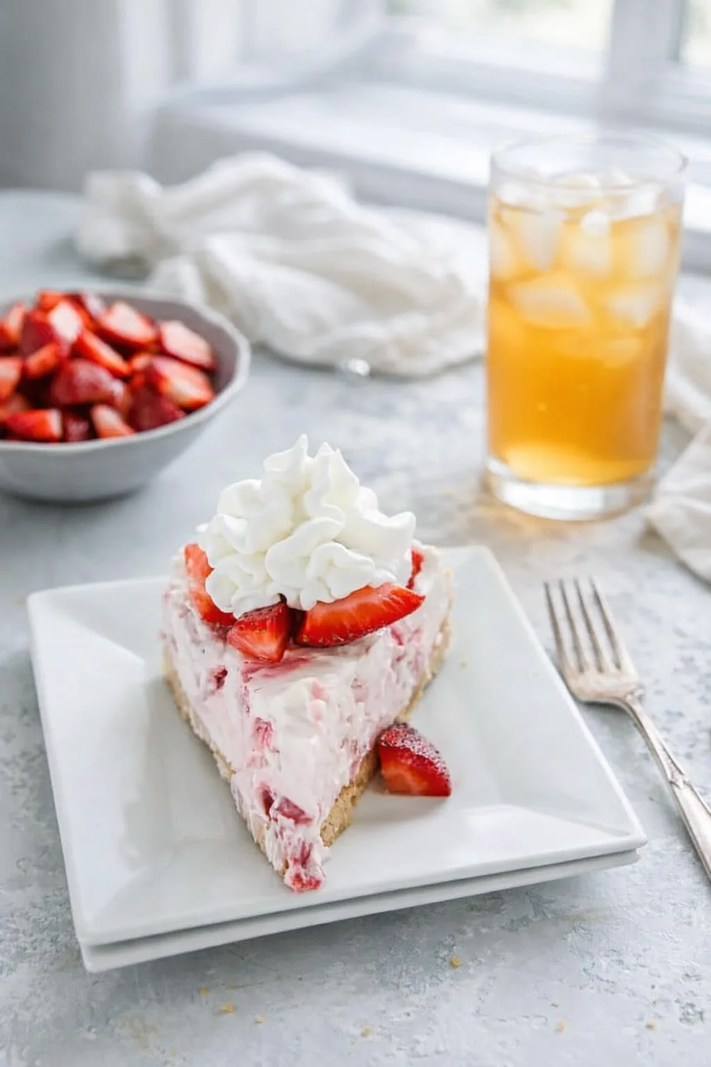 Alternative angle of No-Bake Strawberry Cheesecake served with a pairing