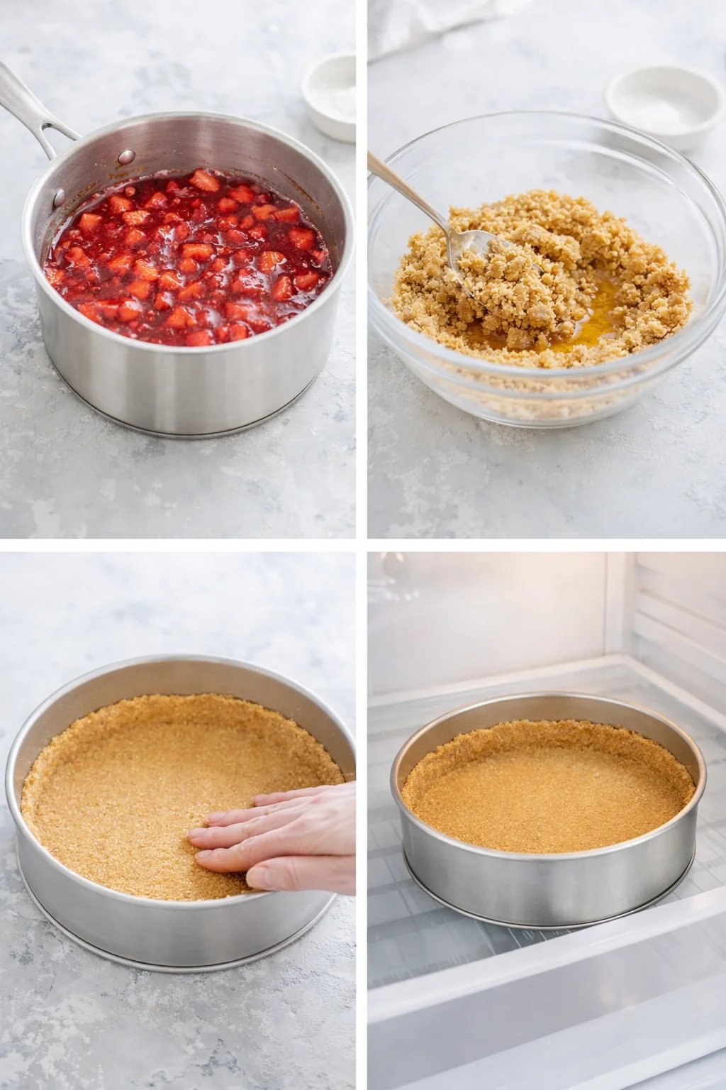 Saucepan of bubbling strawberry filling and a graham cracker crust pressed into a springform pan.