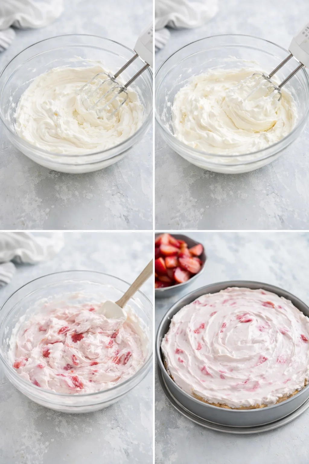 Bowl of whipped cream cheese and strawberry swirls being spooned into chilled graham crust.