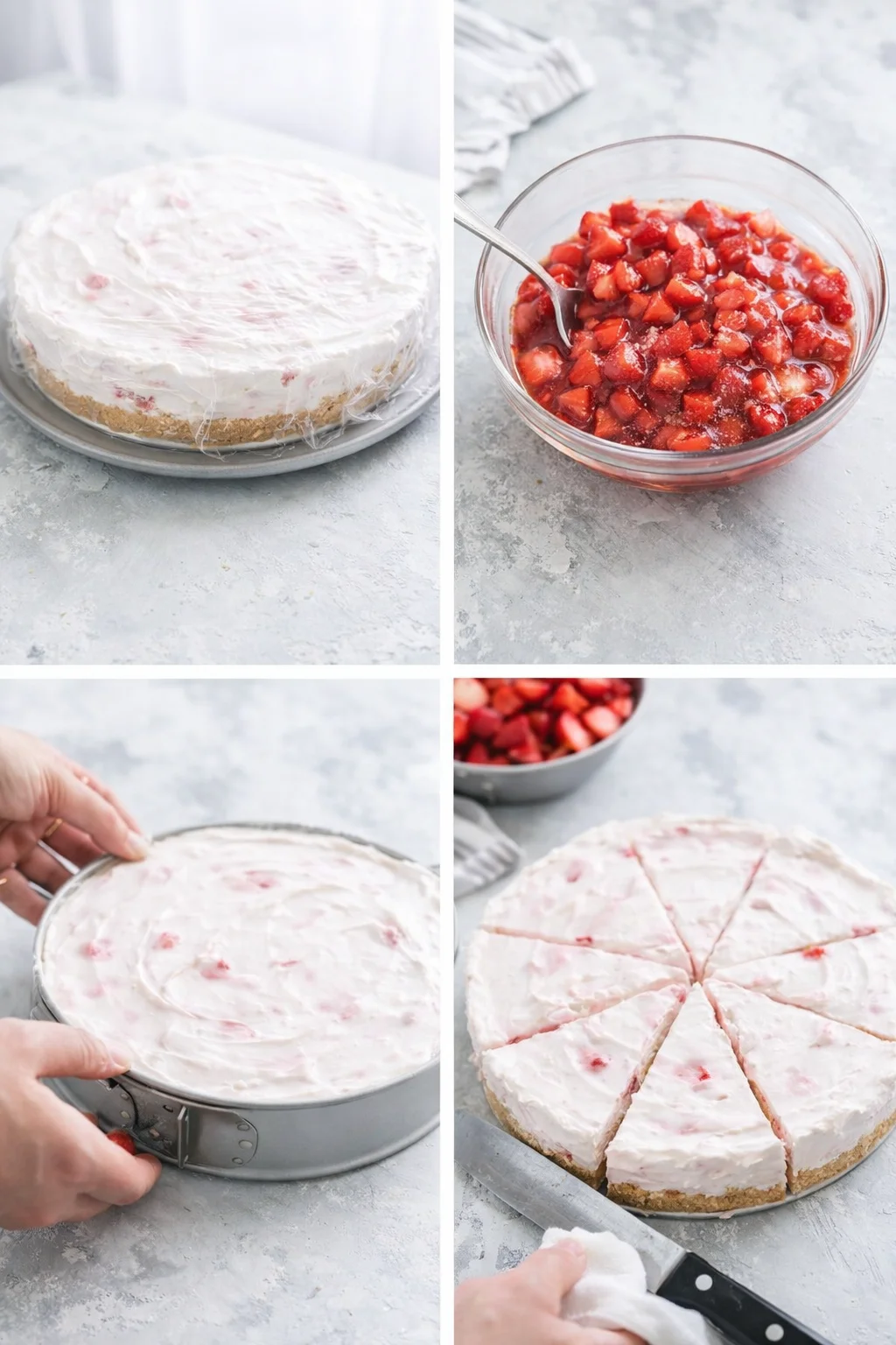 Chilled cheesecake with springform rim removed, sliced pieces and macerated strawberries nearby.