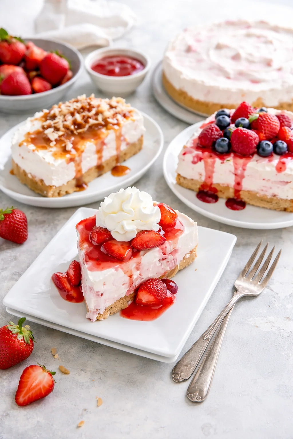 Variation ideas for No-Bake Strawberry Cheesecake shown in a styled layout