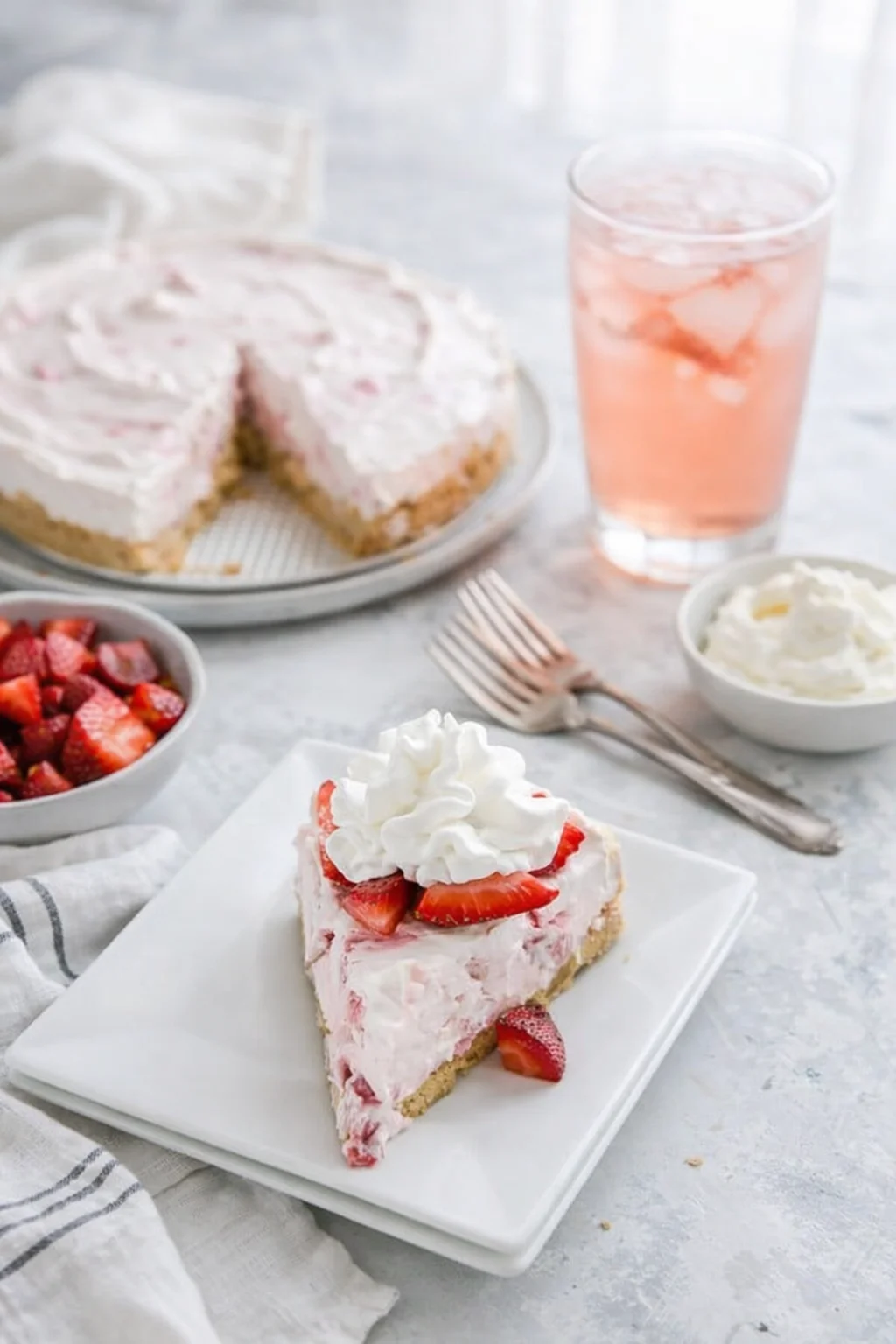 Alternative angle of No-Bake Strawberry Cheesecake served with a pairing
