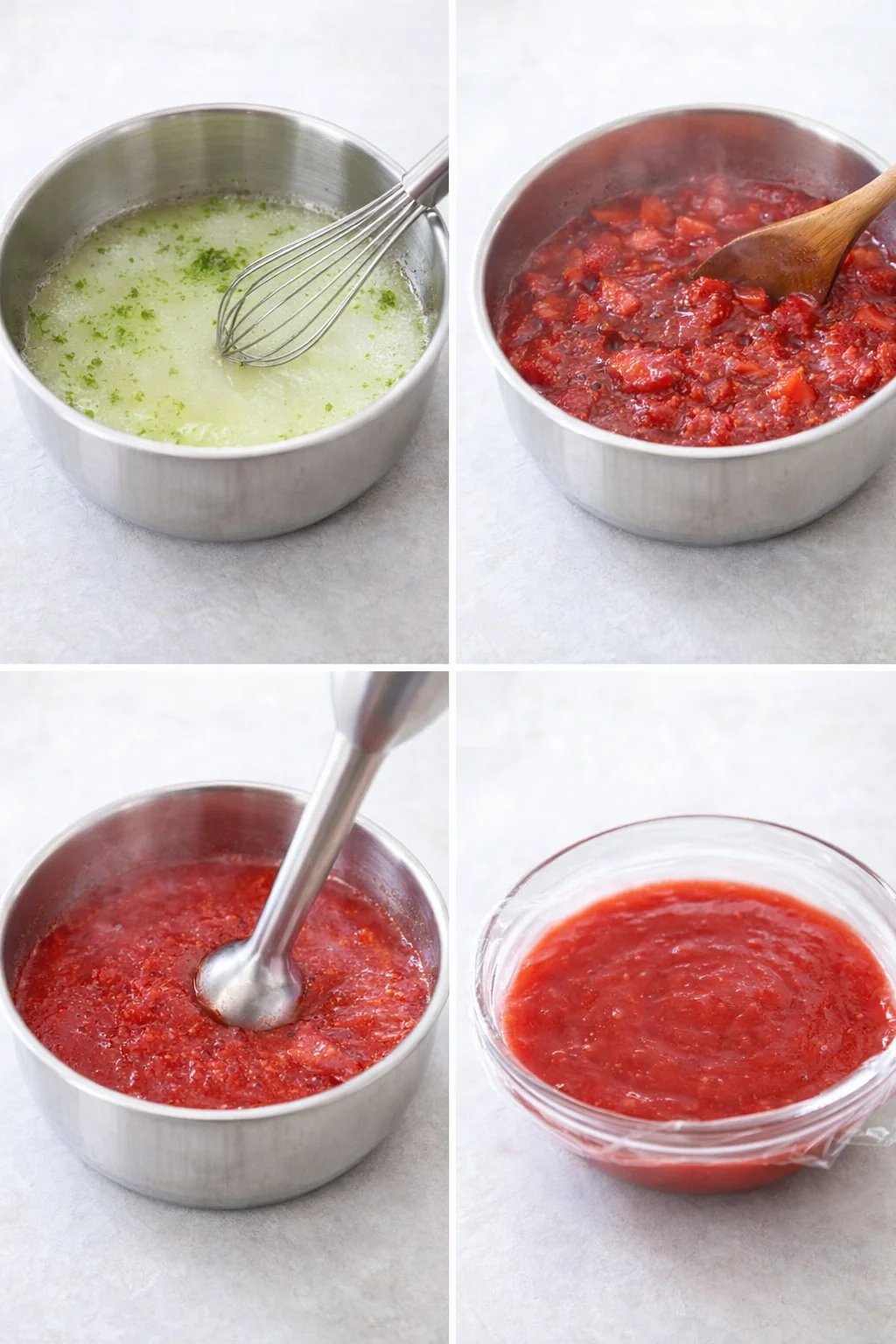 Medium saucepan with bubbling mashed strawberries being stirred into thickening jam