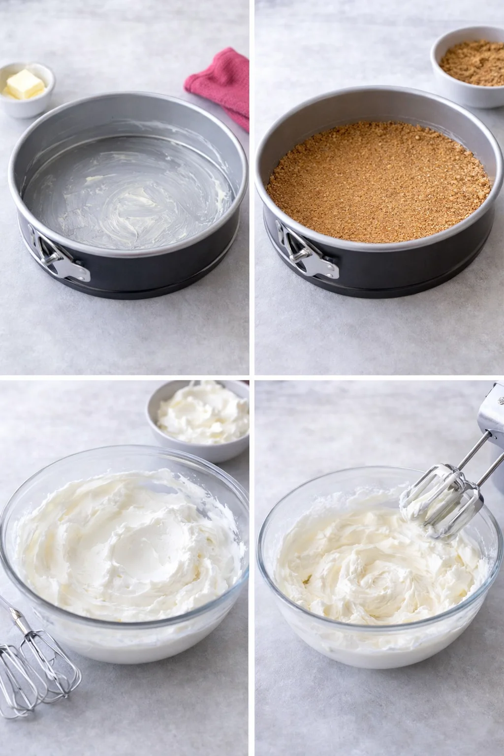 Hands pressing graham cracker crumb and melted butter firmly into a greased 9-inch springform pan