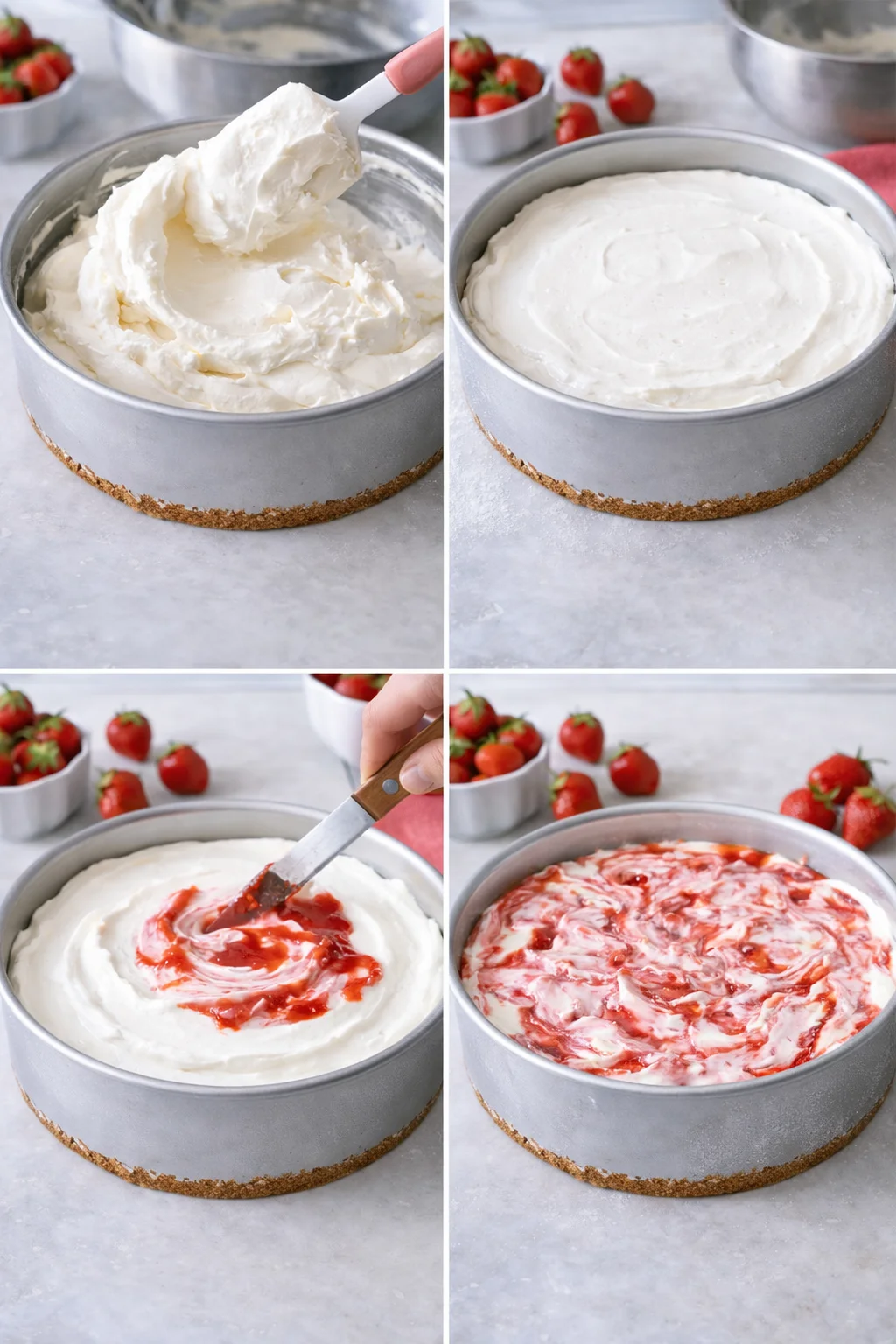 Spatula dragging bright strawberry jam through pale cheesecake filling to create marbled swirls