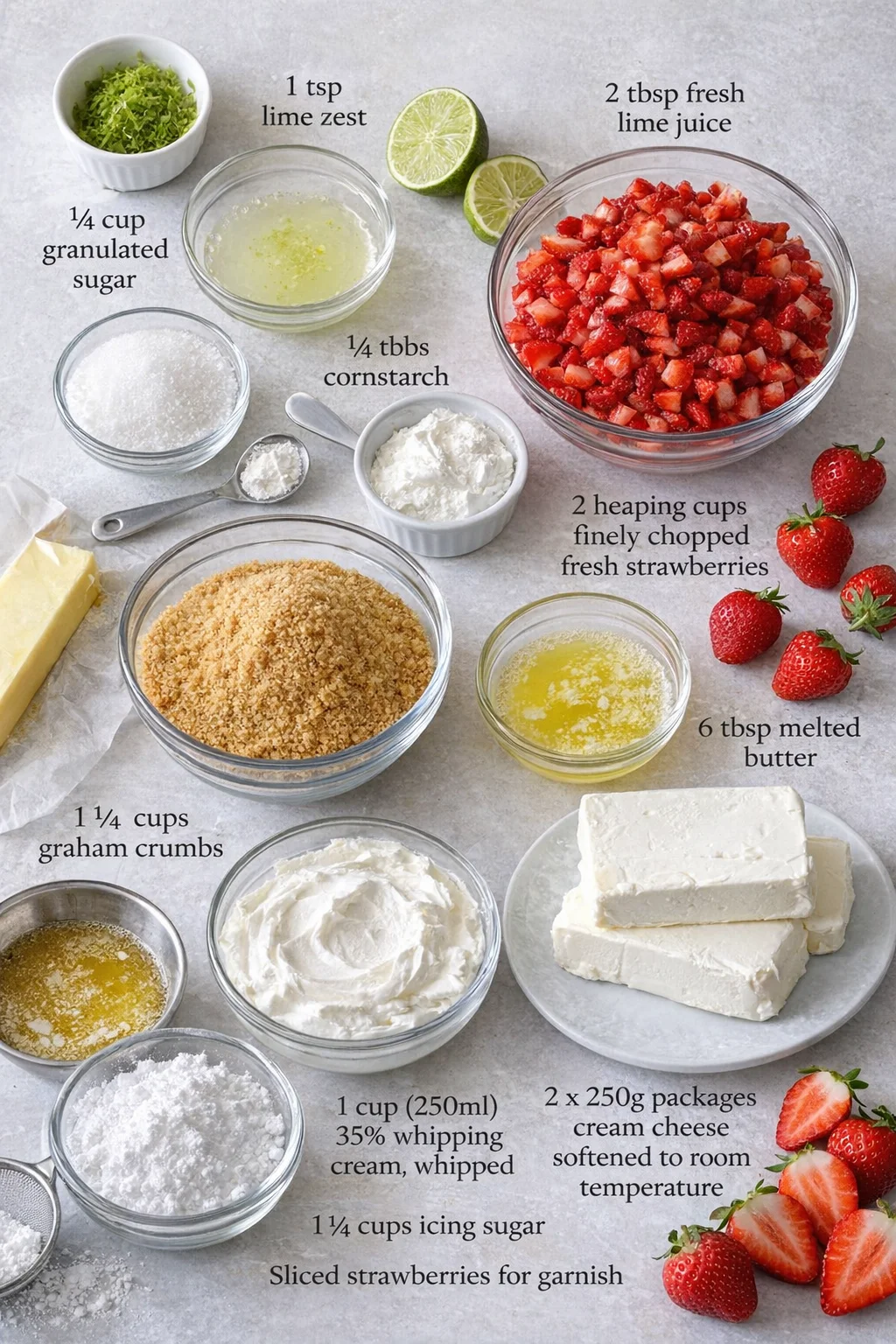 Measured ingredients arranged for No Bake Strawberry Swirl Cheesecake for Canada Day: 1 teaspoon lime zest, 2 tablespoons freshly squeezed lime juice, ¼ cup granulated sugar, 1 ½ tablespoons cornstarch, 2 heaping cups fi