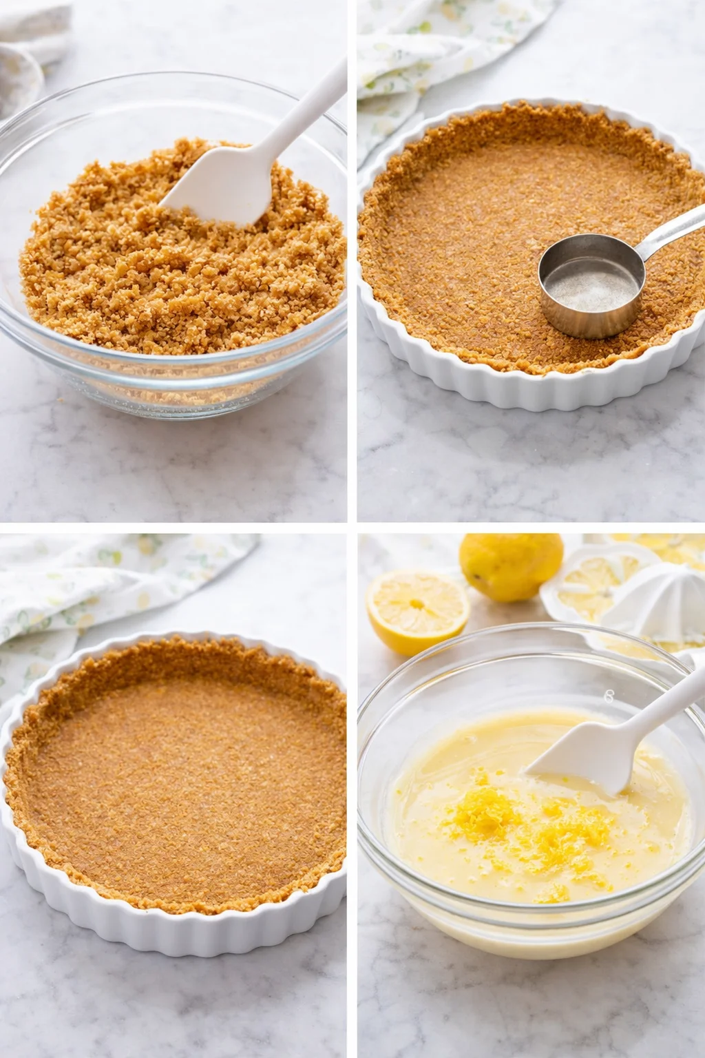 Hands pressing graham cracker crust into tart pan beside bowl of lemon-condensed milk mixture.