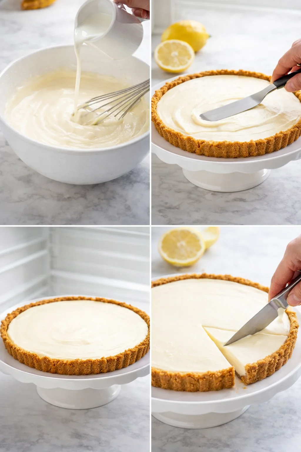 Thick lemon filling being poured into chilled crust, smoothed, then sliced with hot knife.