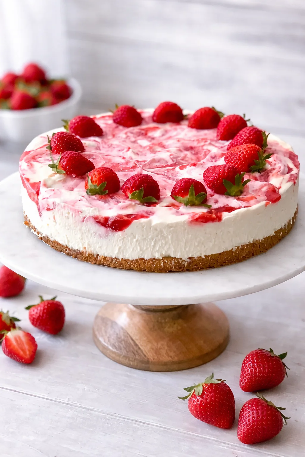 Final plated No Bake Strawberry Swirl Cheesecake for Canada Day served as a hero shot