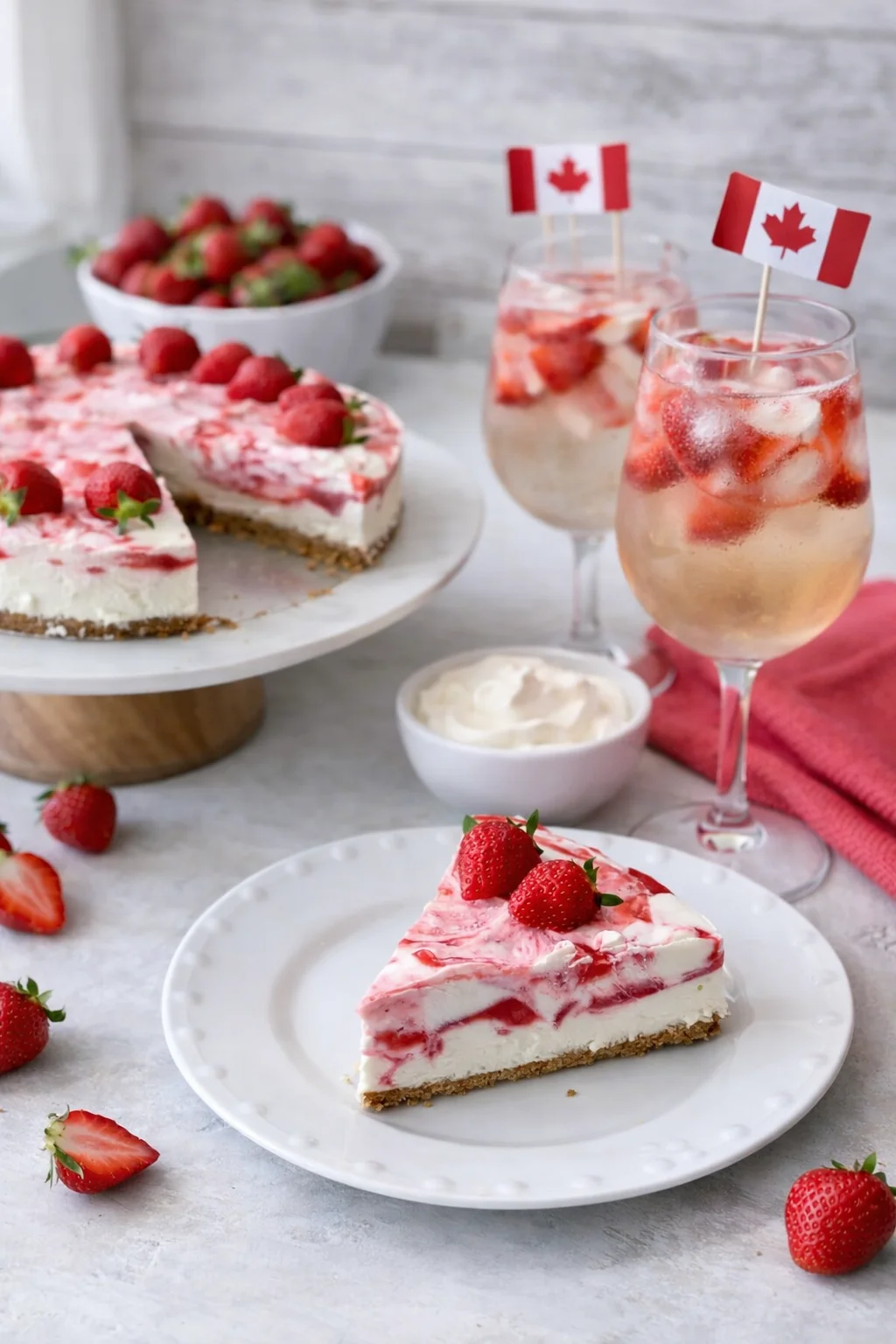 Alternative angle of No Bake Strawberry Swirl Cheesecake for Canada Day served with a pairing