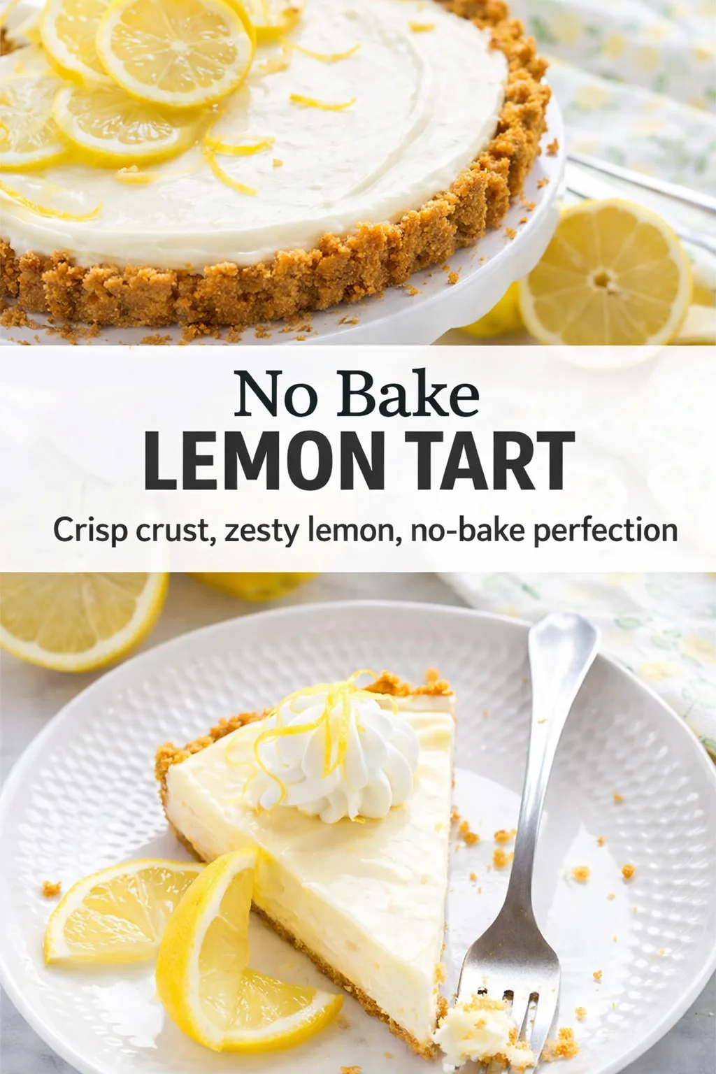Pinterest-style image for No Bake Lemon Tart with centered text overlay