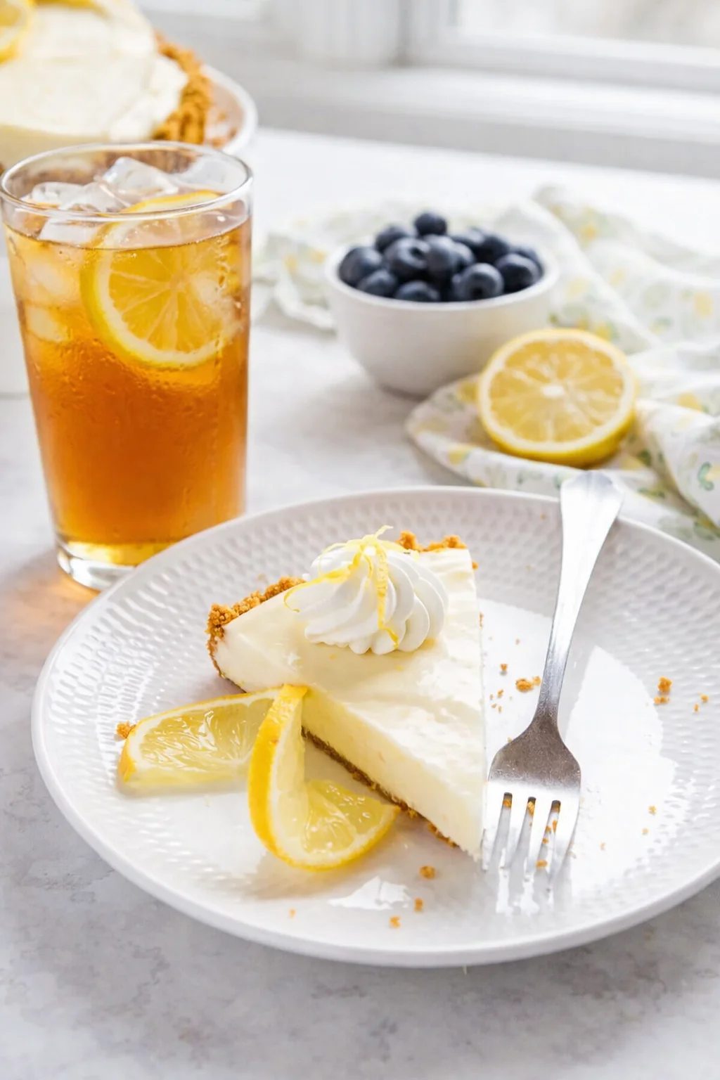 Alternative angle of No Bake Lemon Tart served with a pairing