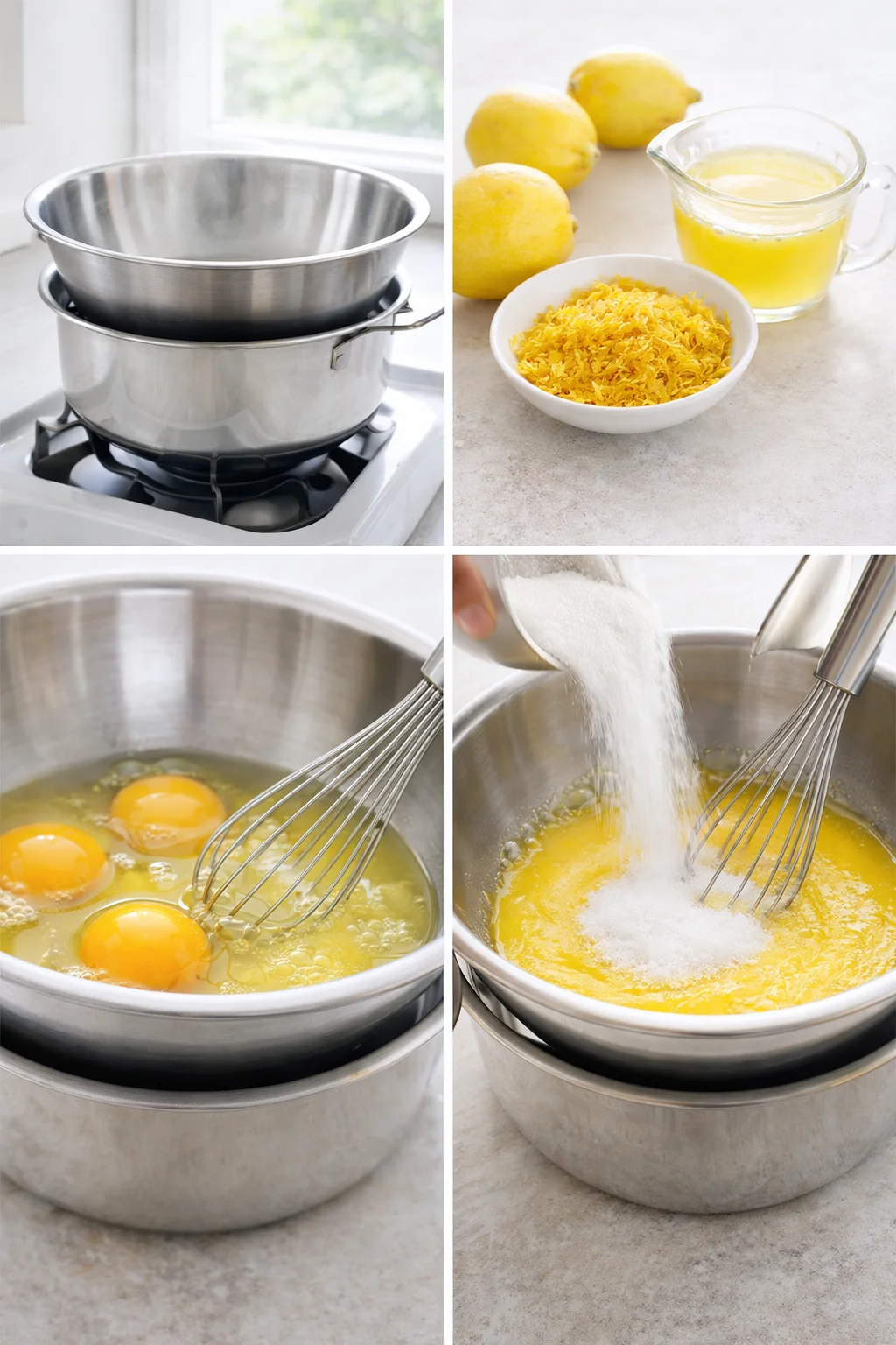 Stainless steel bowl set over simmering pot with zested lemons, whisked eggs, and sugar being folded in.