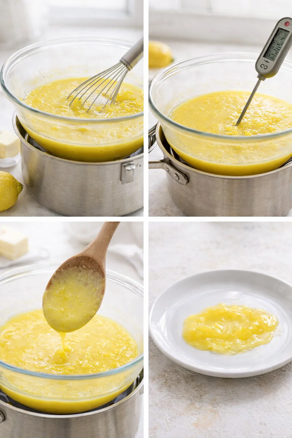 Bowl over simmering water as lemon mixture is whisked and thickly coats a wooden spoon.