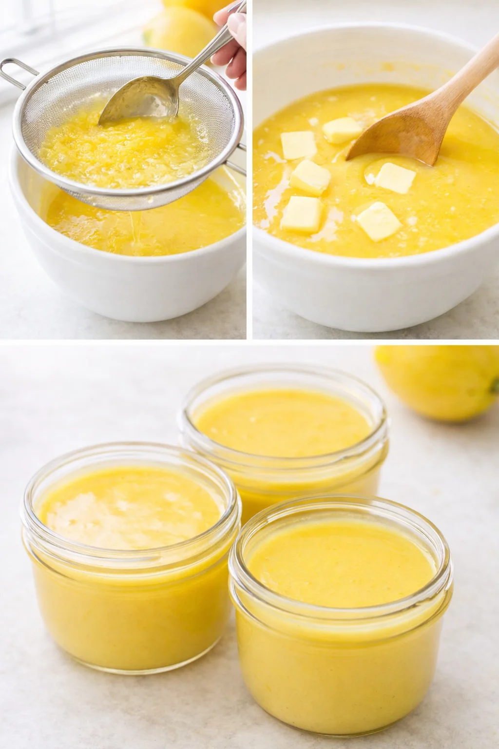 Smooth lemon curd strained and glossy as butter is stirred in, being poured into jars.