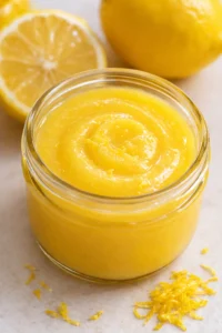 Final plated Easy Meyer Lemon Curd {using the whole egg} served as a hero shot