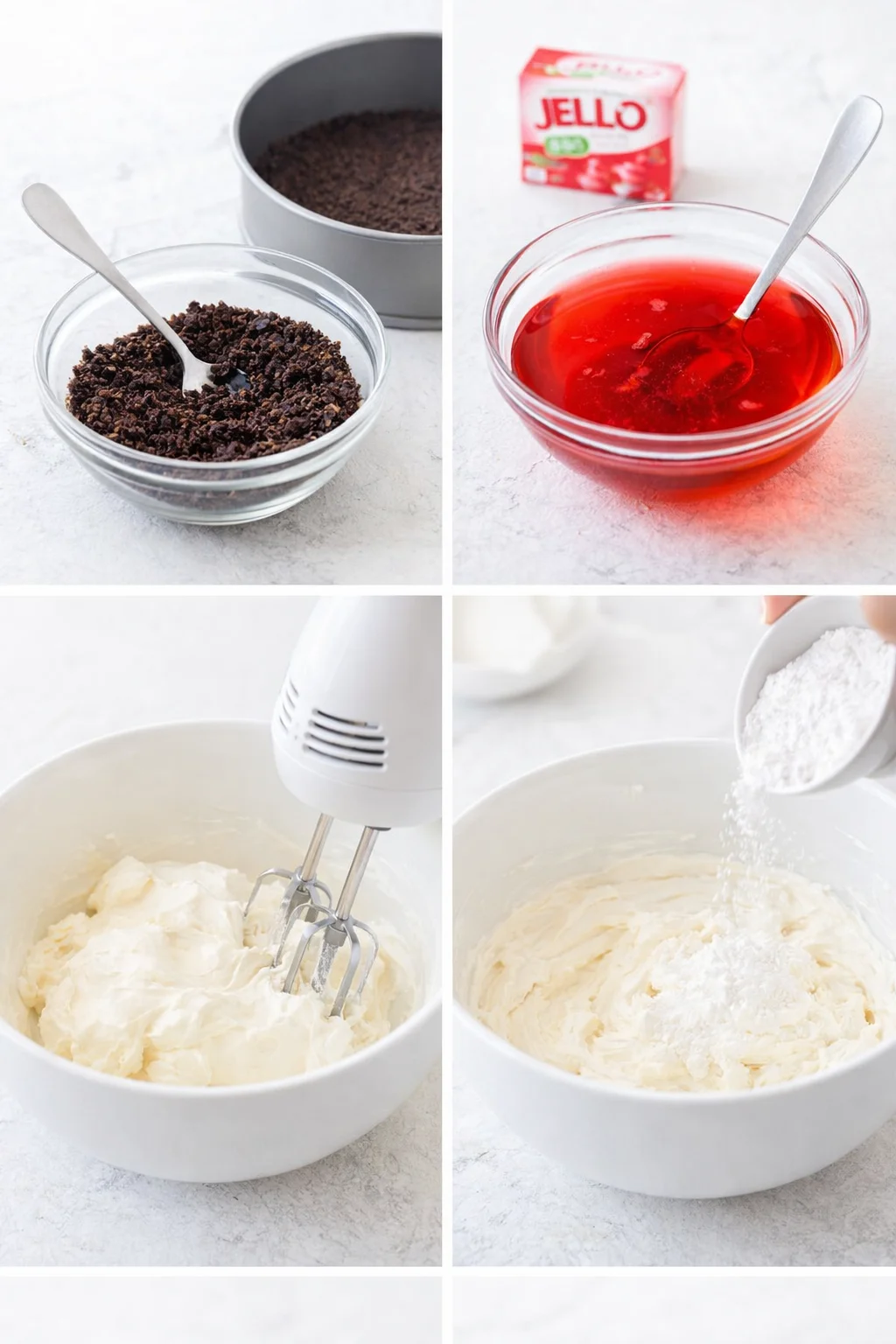 Hands pressing Oreo crumb crust into springform pan; bowls with strawberry Jello dissolving and mixer beating cream cheese.