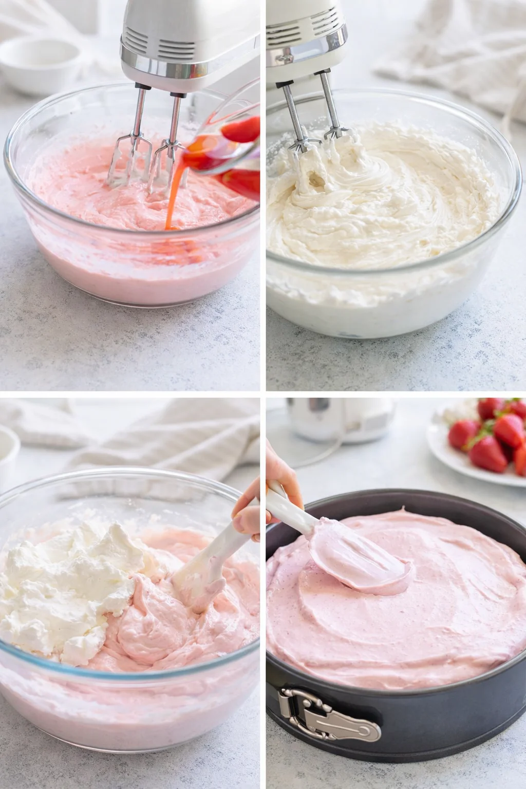 Mixer drizzling warm strawberry gelatin into cream cheese while whipped cream is folded and filling poured and smoothed.