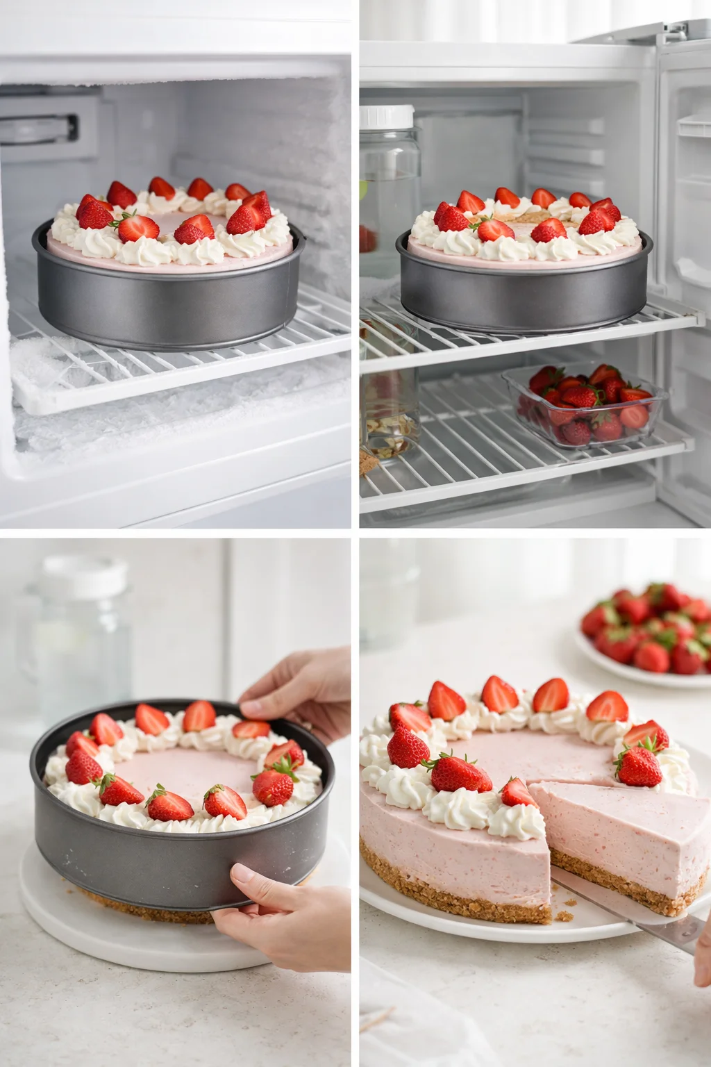 Set cheesecake frozen, springform released and removed, then topped with whipped cream and strawberries and sliced.