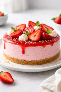 Final plated Easy No Bake Strawberry Cheesecake served as a hero shot