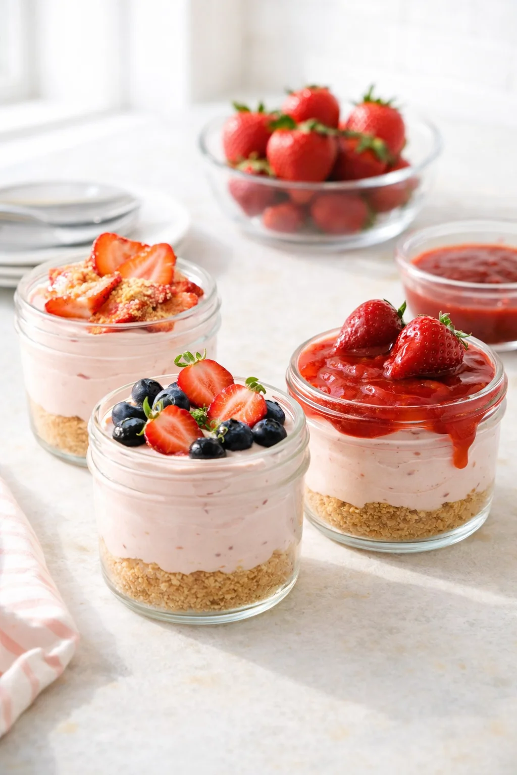 Variation ideas for Easy No Bake Strawberry Cheesecake shown in a styled layout