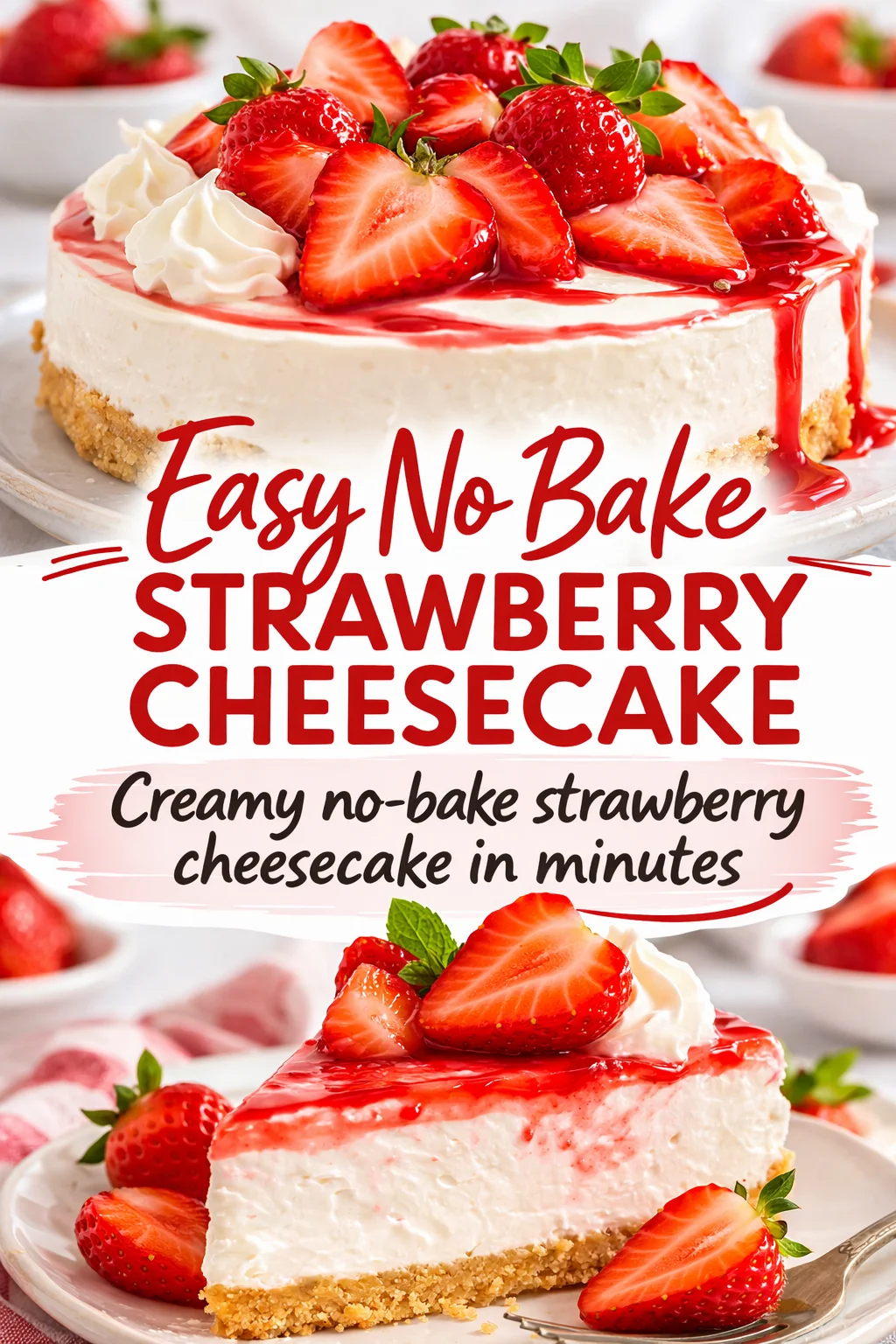 Pinterest-style image for Easy No Bake Strawberry Cheesecake with centered text overlay