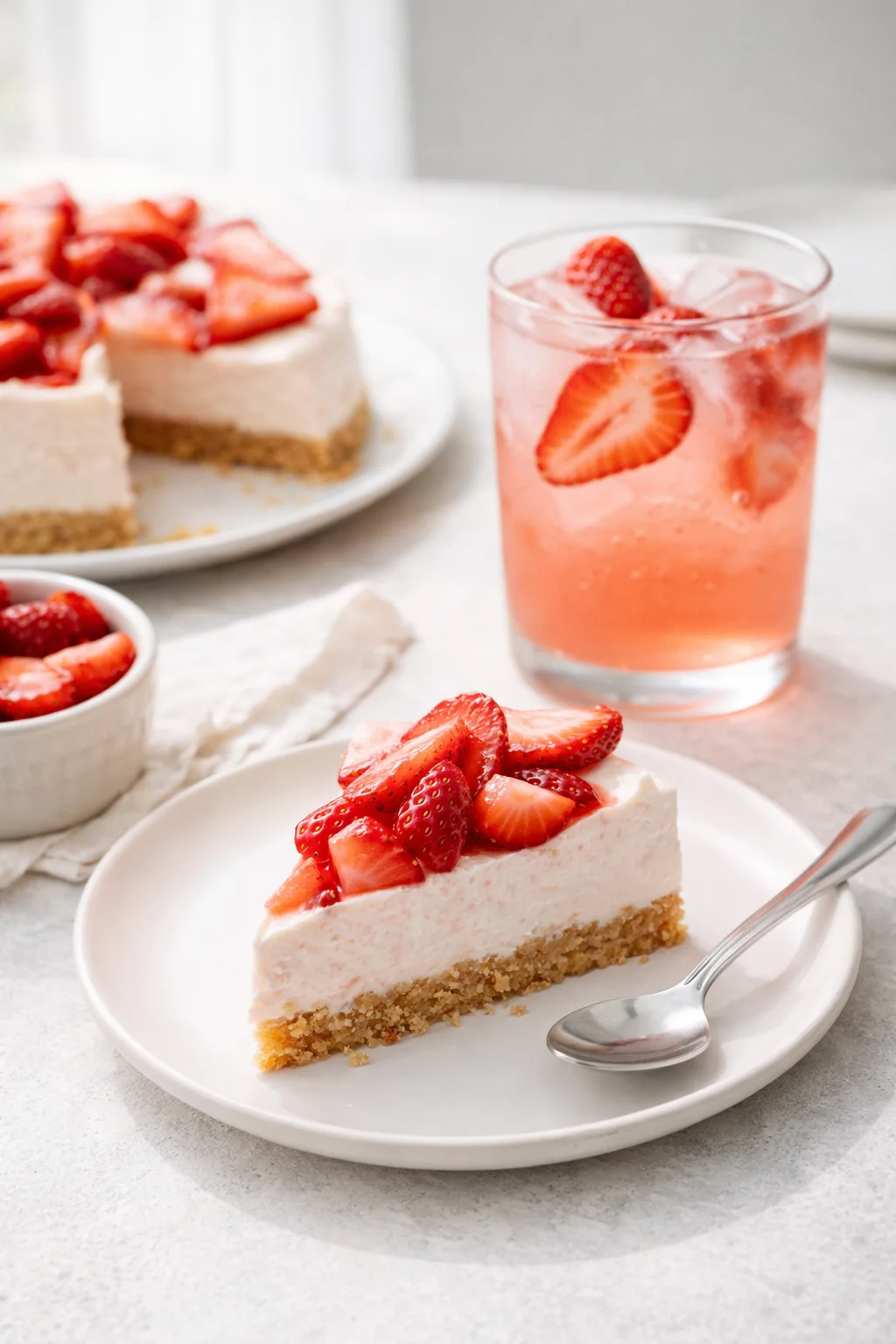 Alternative angle of Easy No Bake Strawberry Cheesecake served with a pairing