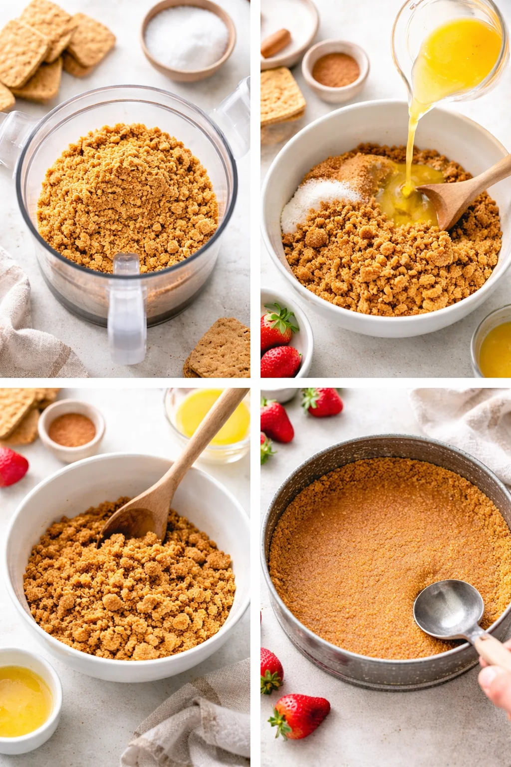 Graham cracker crumbs, sugar, and cinnamon mixed with melted butter, pressed into springform pan crust.