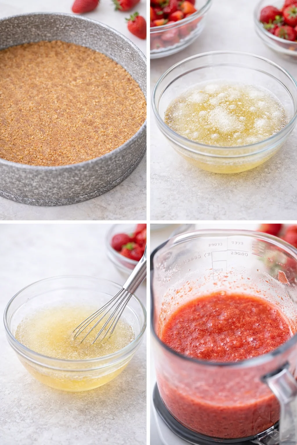 Chilled crust in pan, gelatin blooming in water, dissolved gelatin whisked, strawberry puree in jar.