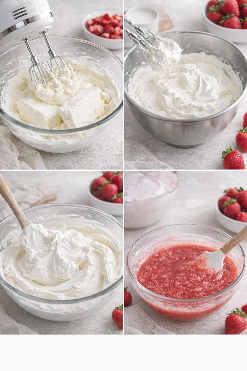 Cream cheese mixture beaten, separate bowl of whipped cream with stiff peaks, folding combined strawberry-gelatin.