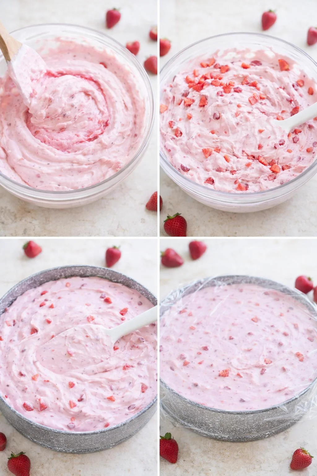 Strawberry-gelatin poured into cream cheese, chopped berries folded, filling spread over crust and covered to chill.