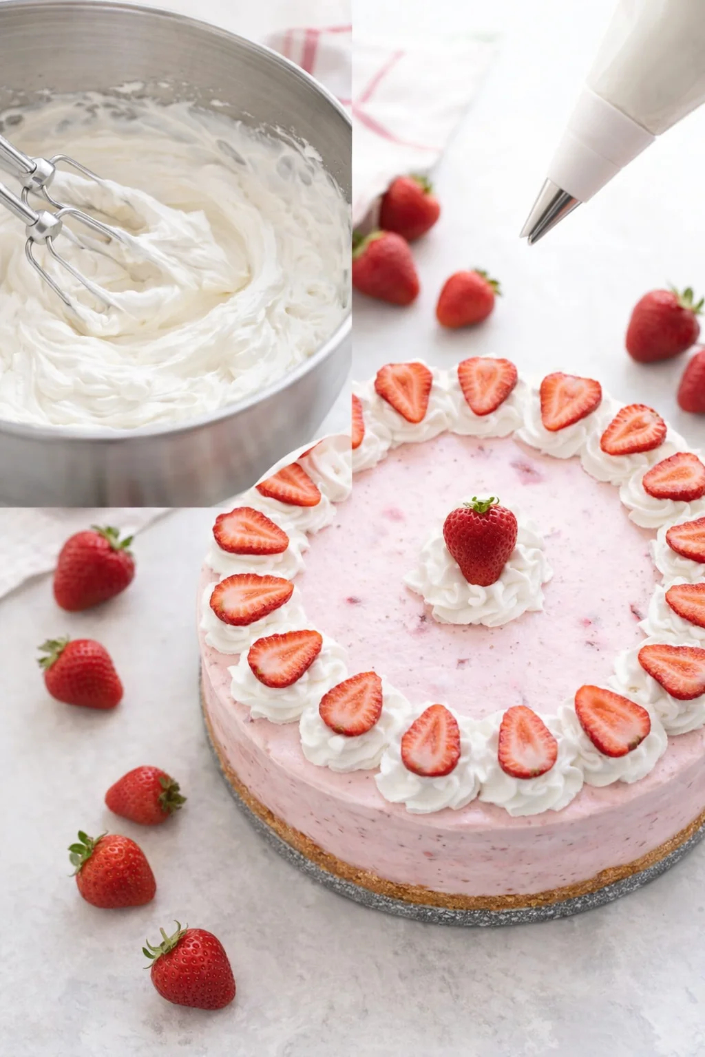 Stiff-peaked whipped cream piped into dollops and topped with fresh sliced strawberries around cheesecake.
