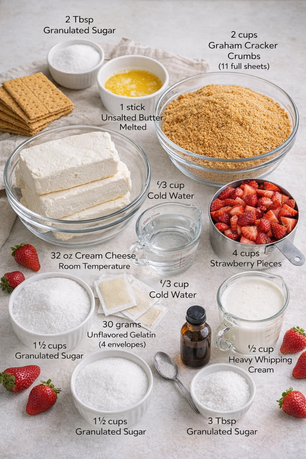 Measured ingredients arranged for Fluffy No-Bake Strawberry Cheesecake Recipe: 2 cups Grahm cracker crumbs (11 full sheets), 2 tablespoon granulated sugar, 1 teaspoon ground cinnamon, 1 stick unsalted butter, melted, 30 