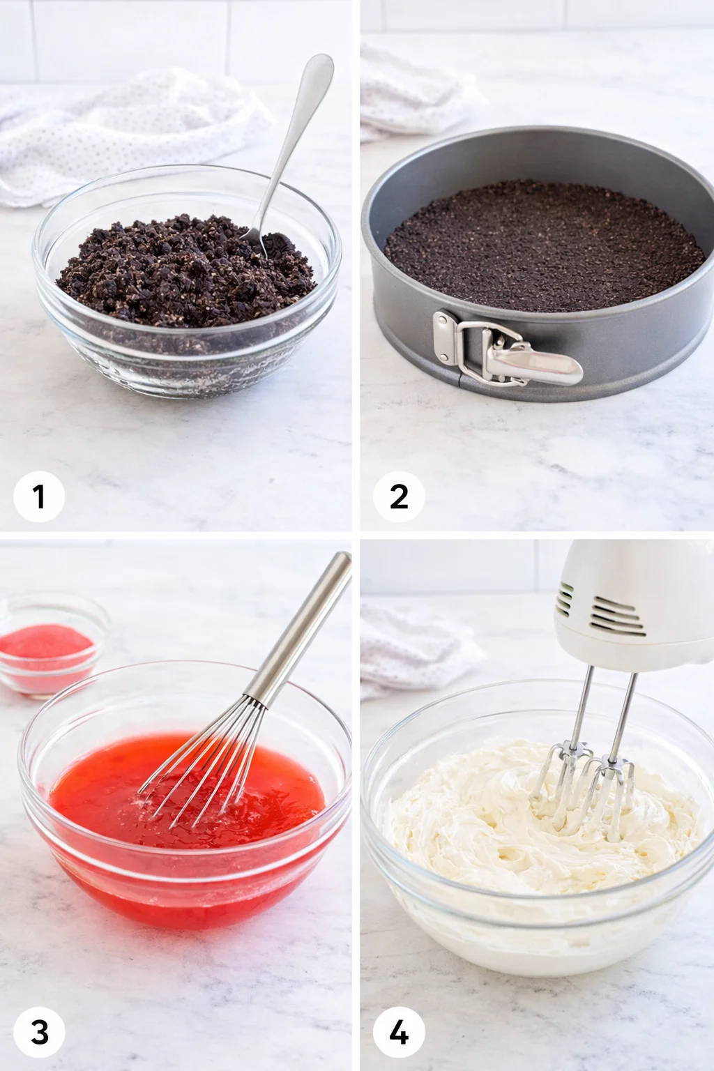 Hands pressing Oreo crumb crust into a 9-inch springform pan, butter bowl nearby.