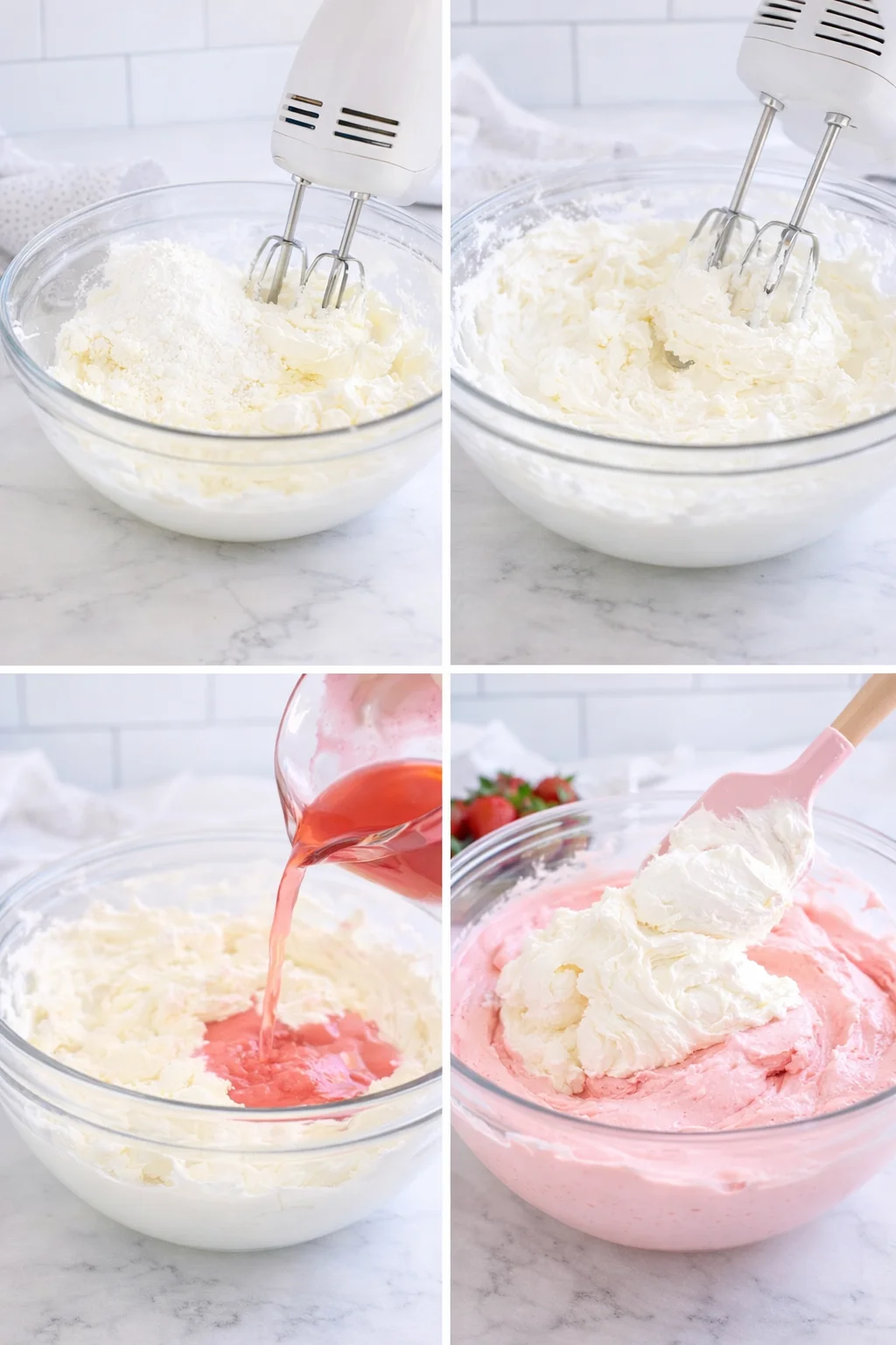 Spatula folding fluffy whipped cream into creamy pink strawberry cream cheese filling.