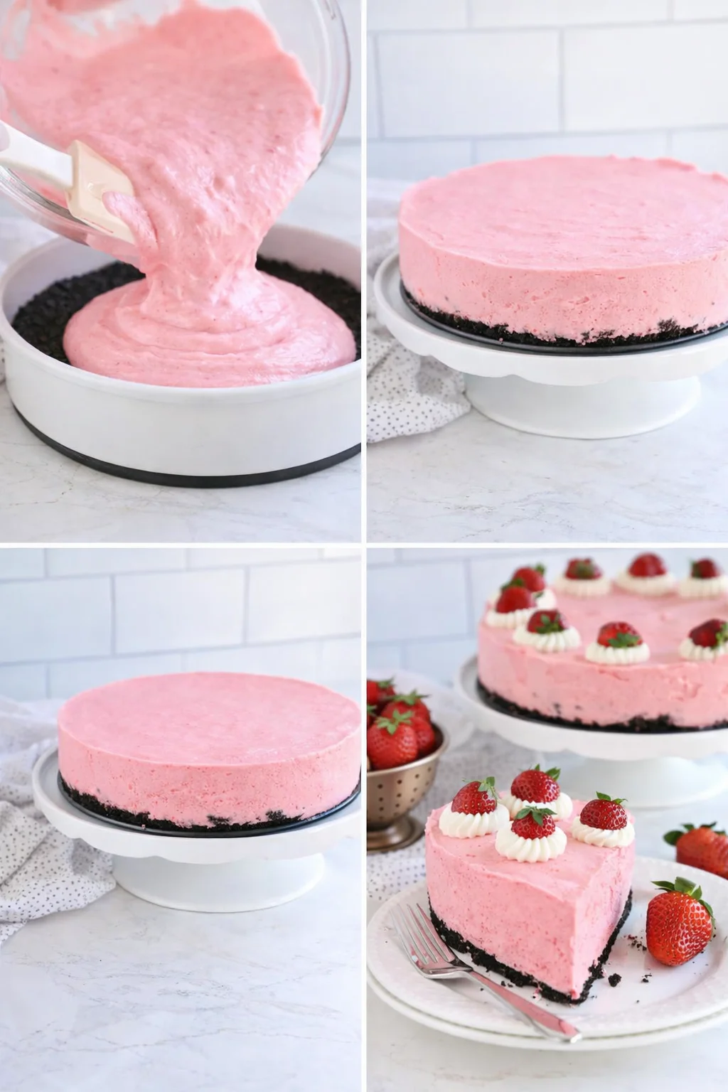 Finished cheesecake in springform pan topped with whipped cream and halved fresh strawberries.