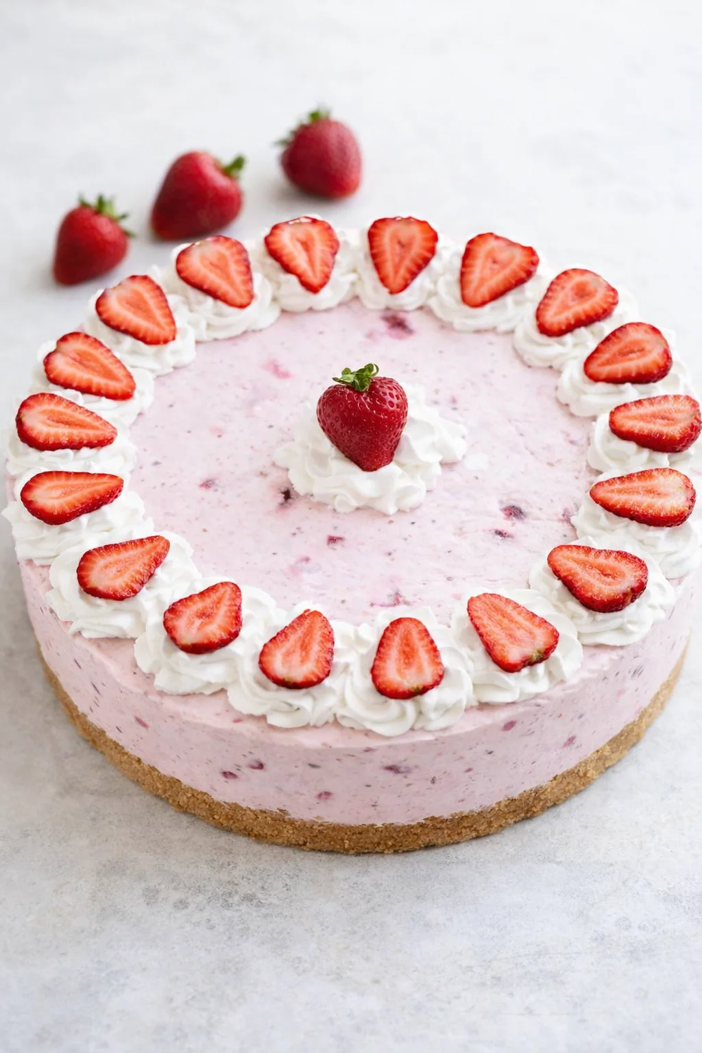 Final plated Fluffy No-Bake Strawberry Cheesecake Recipe served as a hero shot