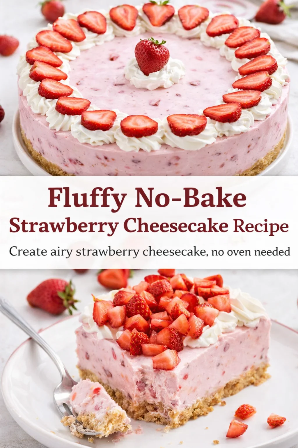 Pinterest-style image for Fluffy No-Bake Strawberry Cheesecake Recipe with centered text overlay