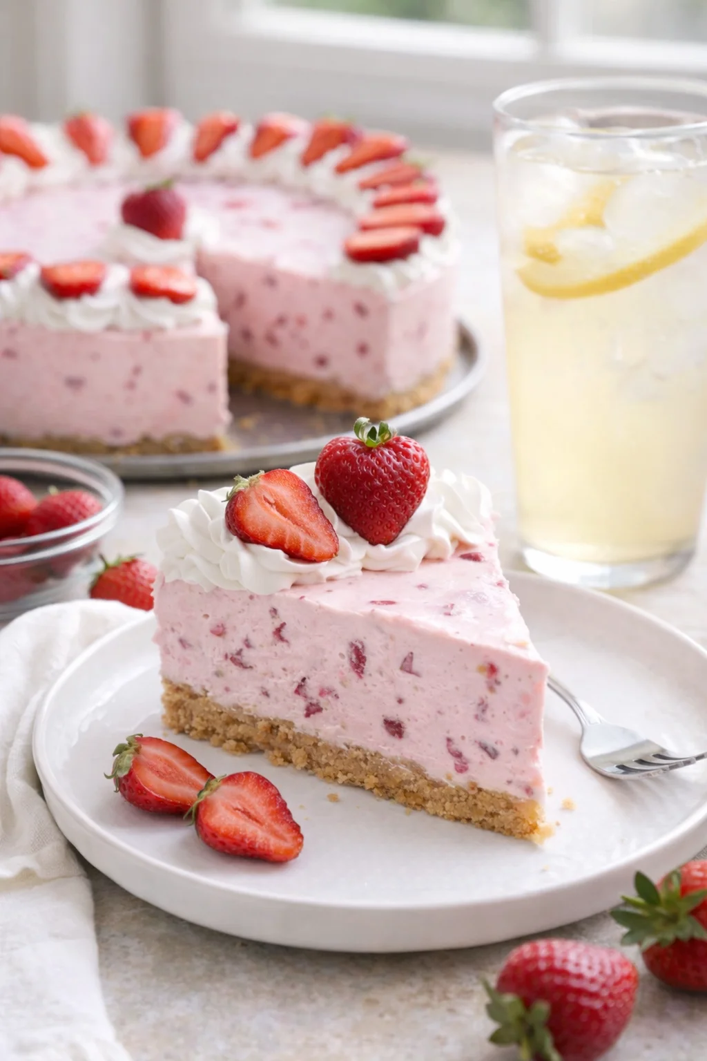 Alternative angle of Fluffy No-Bake Strawberry Cheesecake Recipe served with a pairing
