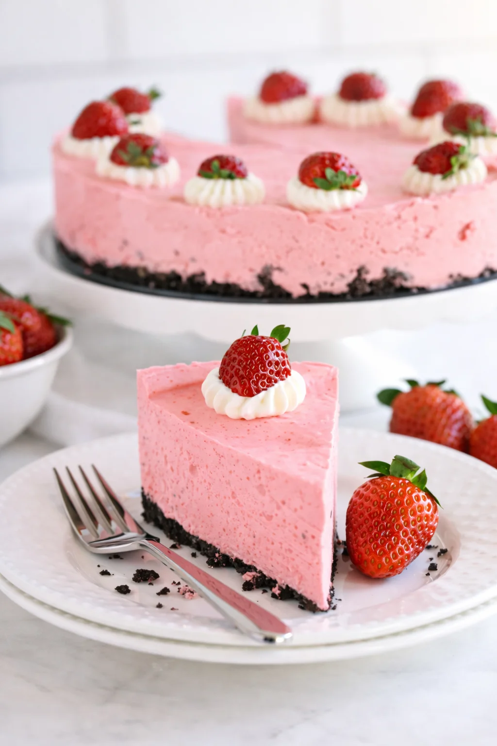 Final plated Easy No Bake Strawberry Cheesecake served as a hero shot