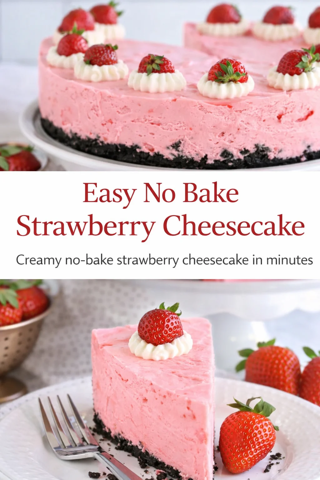 Pinterest-style image for Easy No Bake Strawberry Cheesecake with centered text overlay