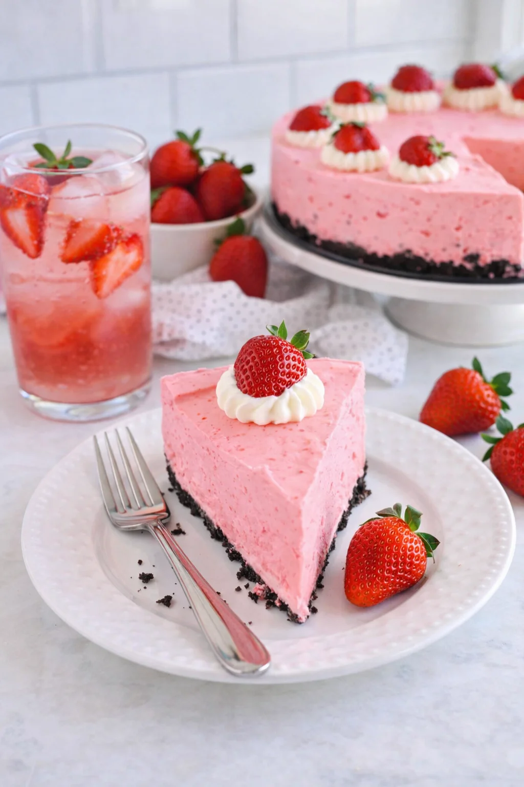 Alternative angle of Easy No Bake Strawberry Cheesecake served with a pairing