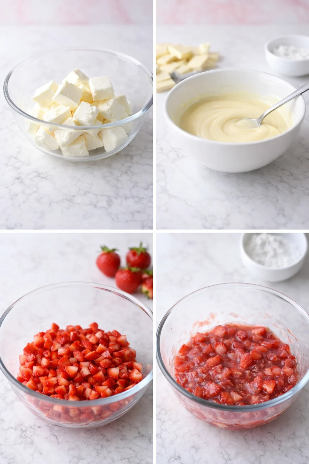 Four panels: cream cheese in bowl, melted white chocolate, chopped strawberries, strawberries macerating in sugar