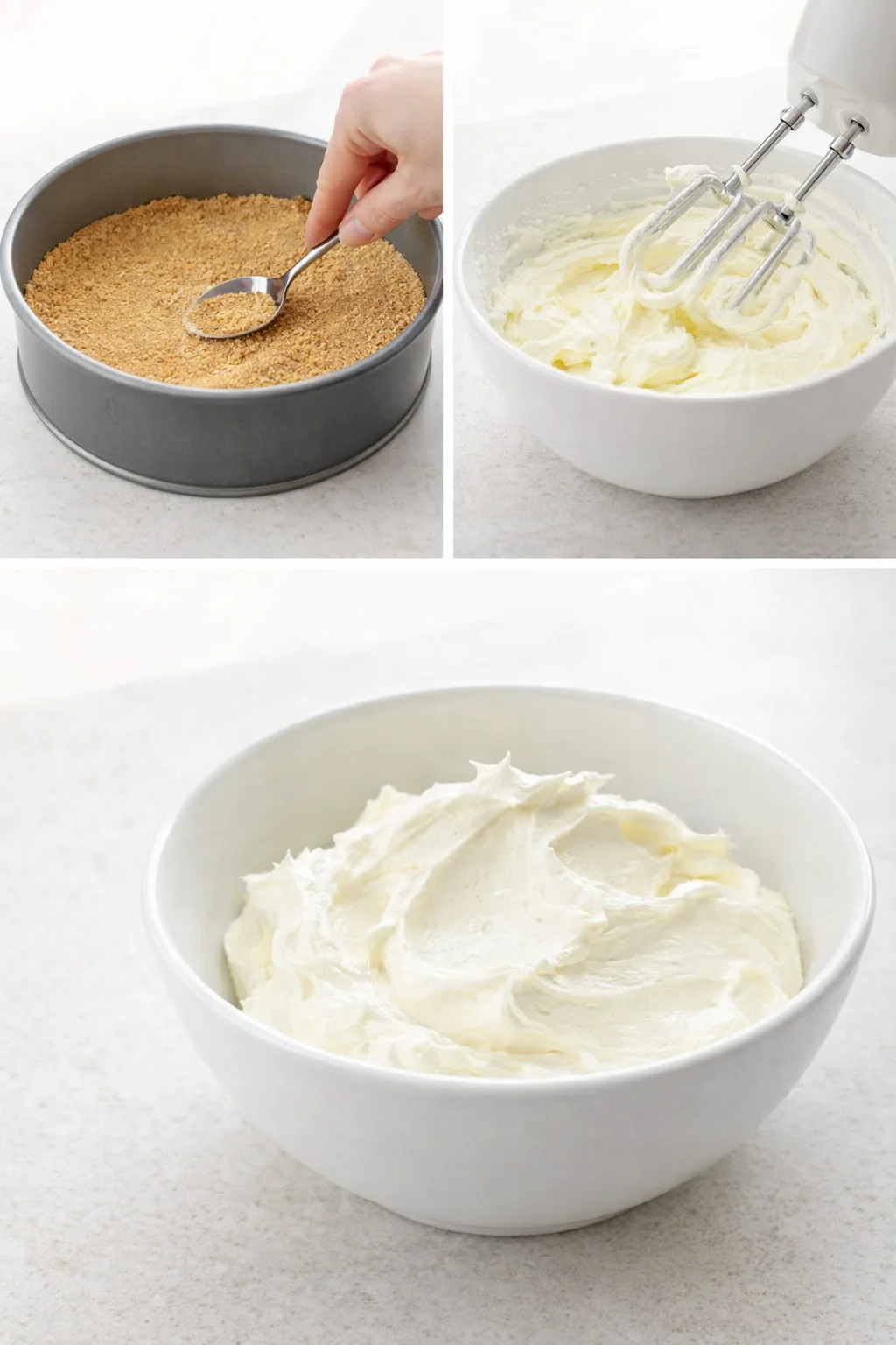 Crumb crust pressed firmly into springform pan, whipped double cream shown thick and transferred